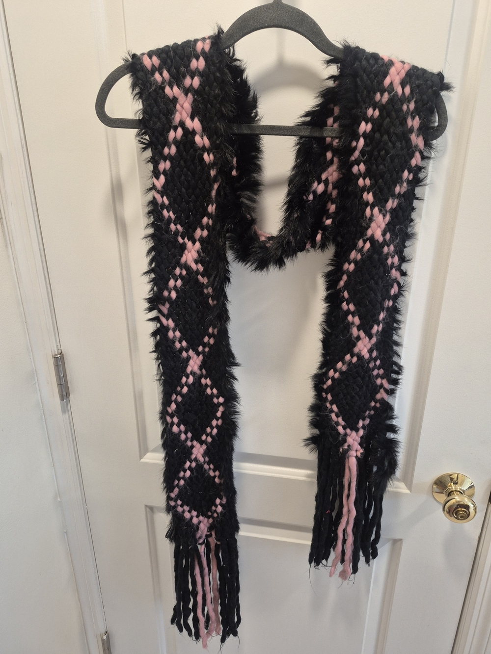 Kenneth Cole Black and Pink Faux Fur Knit Scarf with Fringe